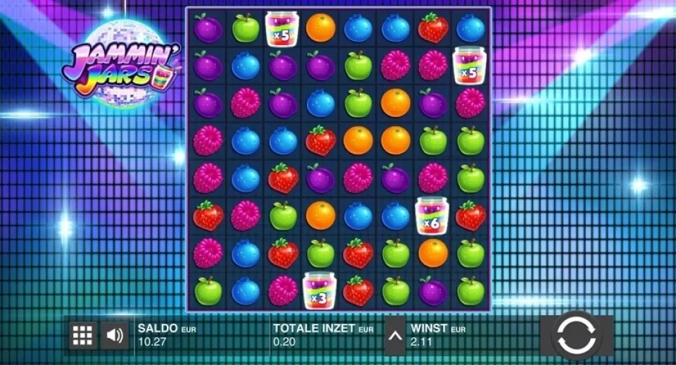 Captura real da grelha 8×8 do Jammin’ Jars no jogo base