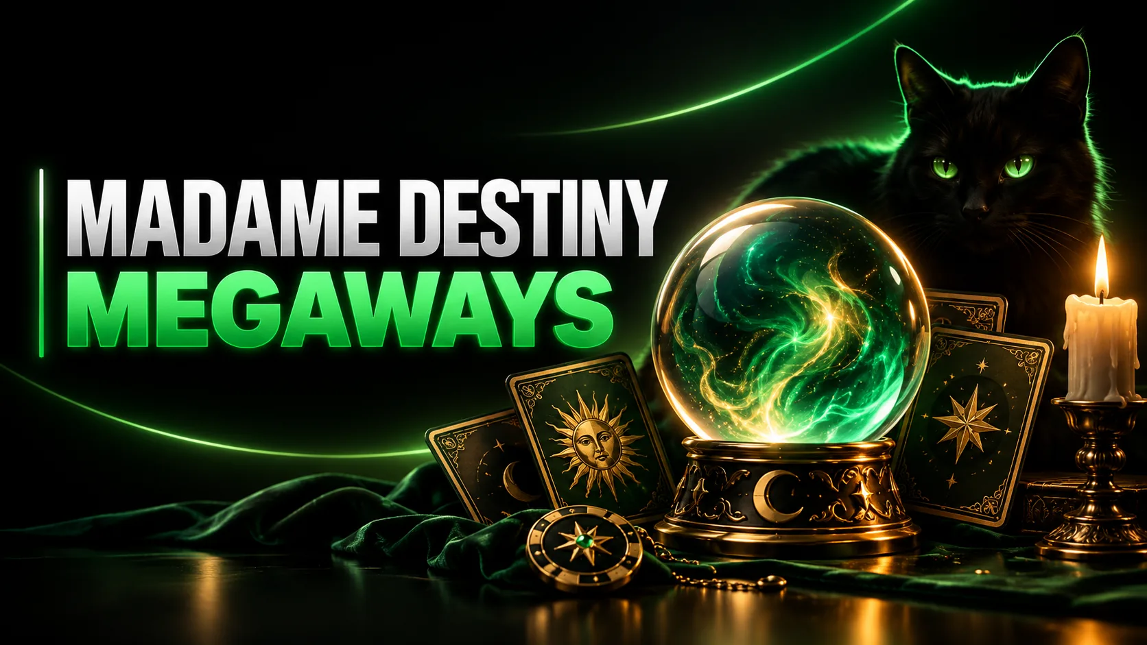Ilustração editorial de Madame Destiny Megaways com bola de cristal e gato preto
