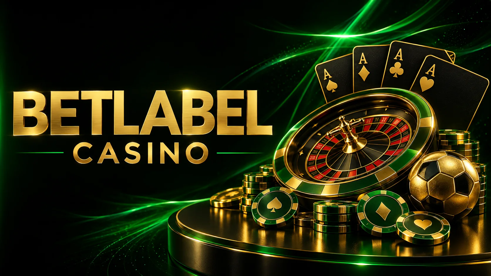 Ilustração do Betlabel Casino com roleta, cartas, fichas e uma bola de futebol.