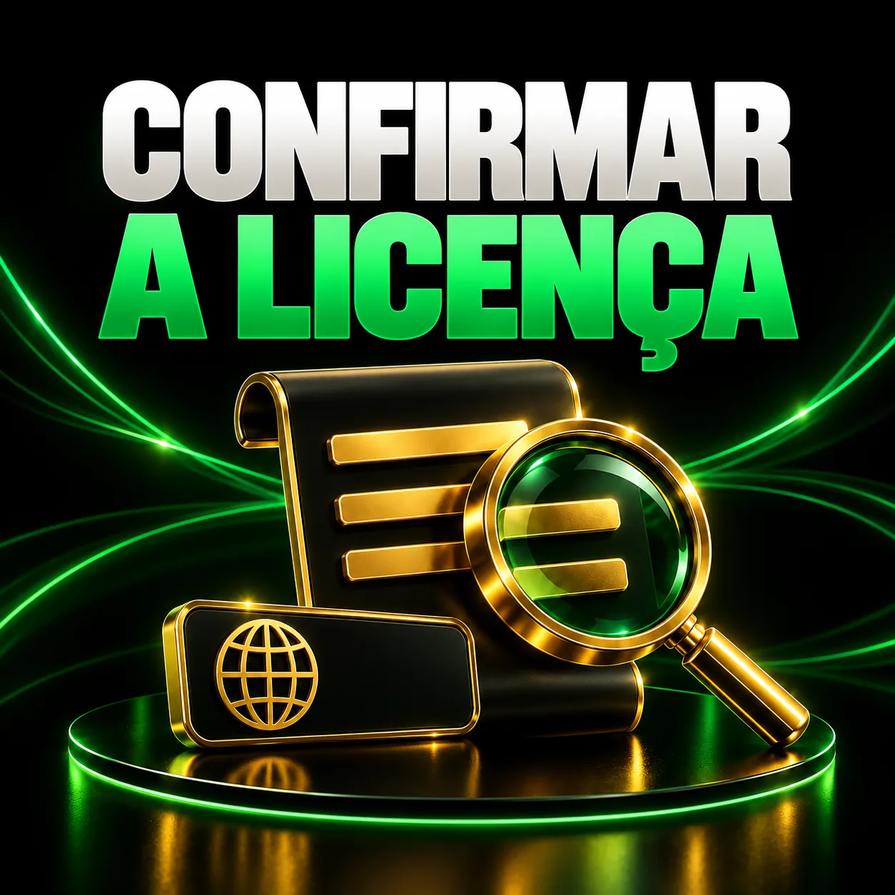 Documento e lupa para verificar a empresa, o domínio e a licença de jogo.