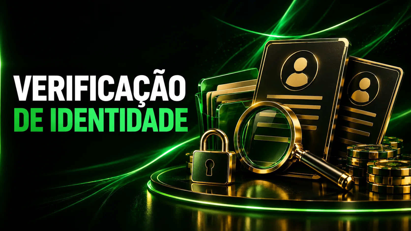 Documentos, lupa e cadeado numa ilustração da verificação de identidade.
