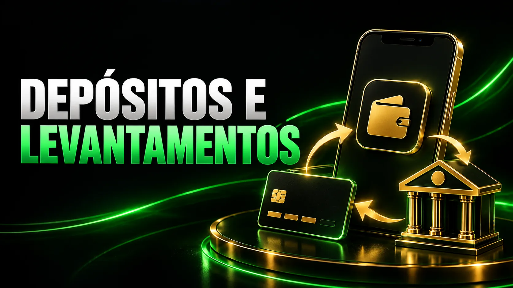 Telemóvel, cartão e banco para ilustrar depósitos e levantamentos.