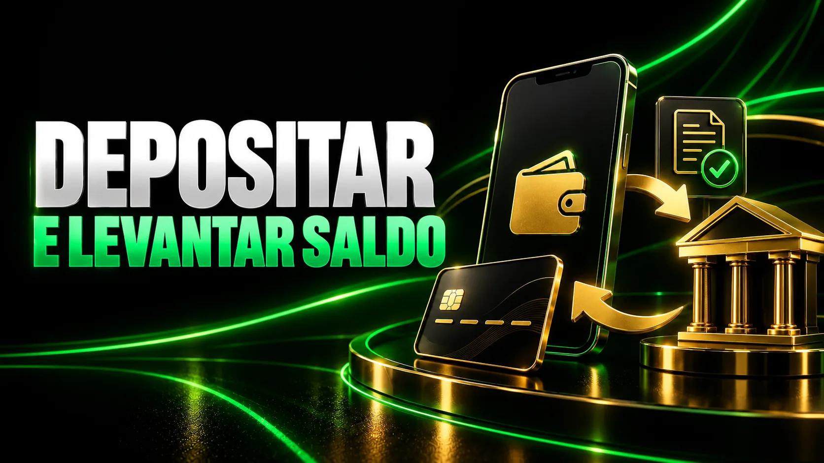 Telemóvel, cartão e banco para ilustrar depósitos e levantamentos.