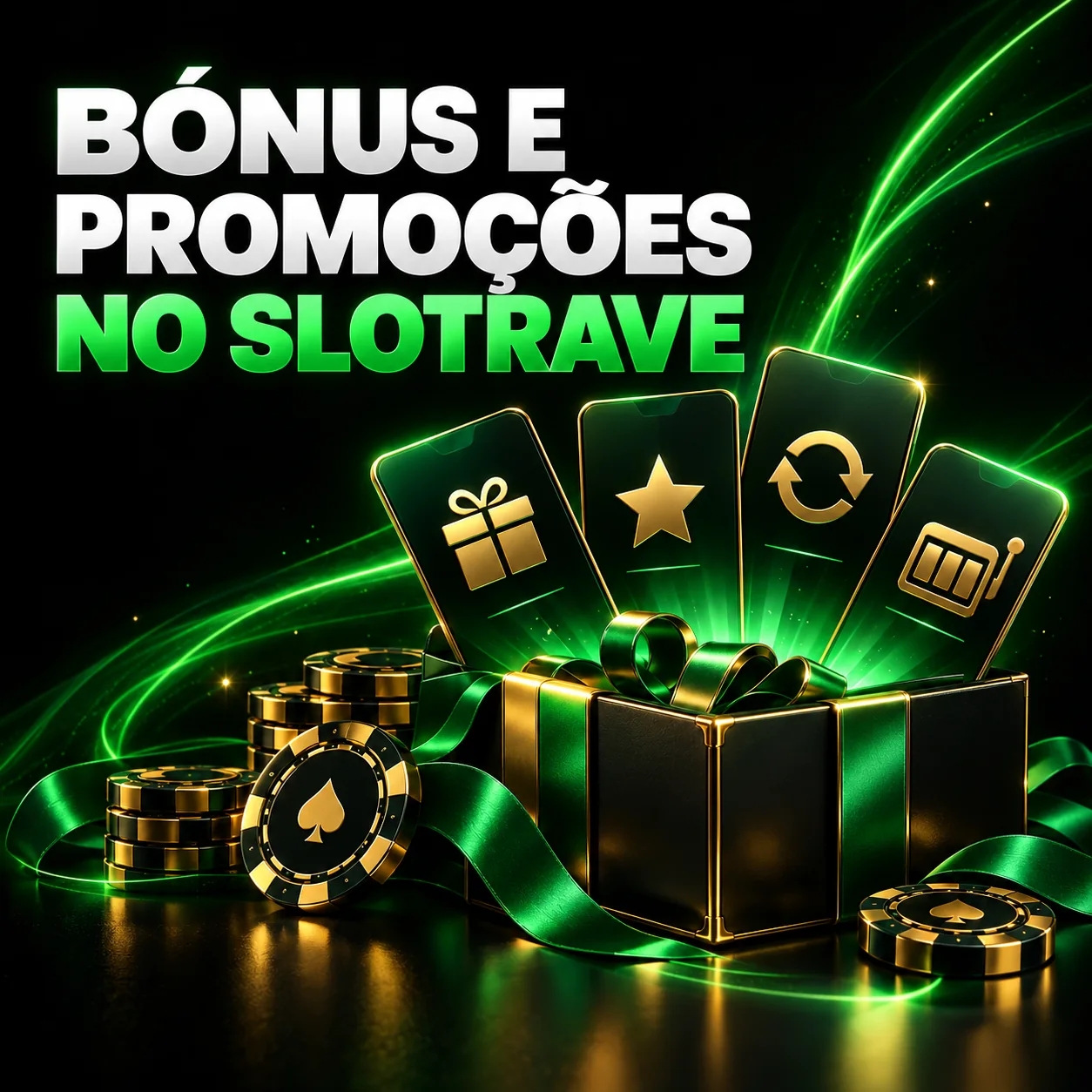 Ilustração dos bónus e promoções do Slotrave, com presente e quatro cartões.