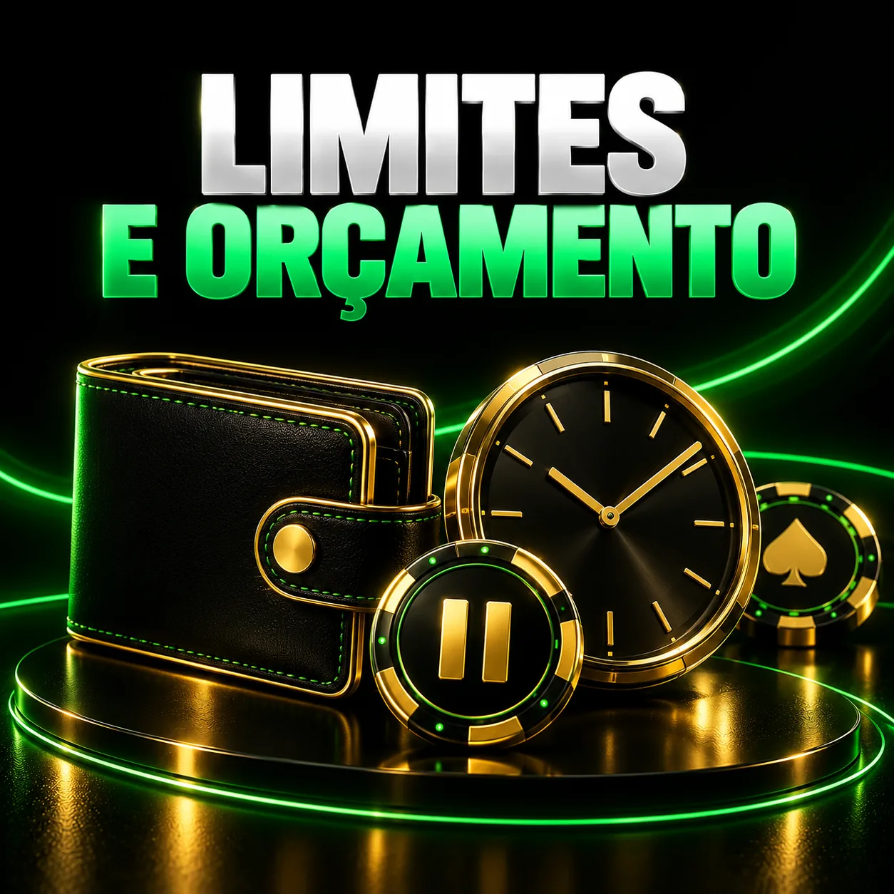 Carteira, relógio e símbolo de pausa para ilustrar limites de dinheiro e tempo.