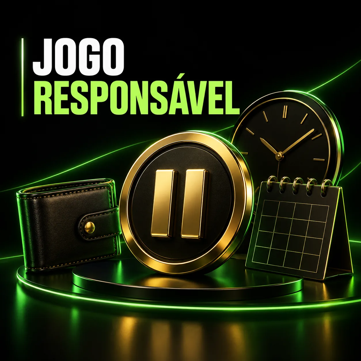 Jogo responsável: símbolo de pausa, carteira, relógio e calendário